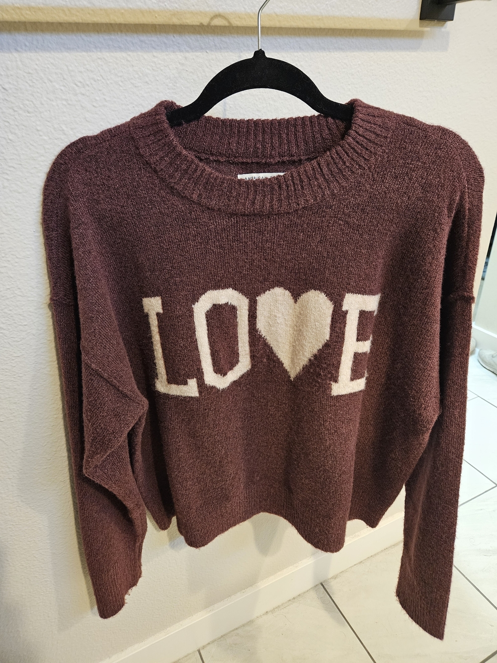 American Eagle Outfitters Mauve 'LOVE' Crewneck Sweater with Cream Graphic